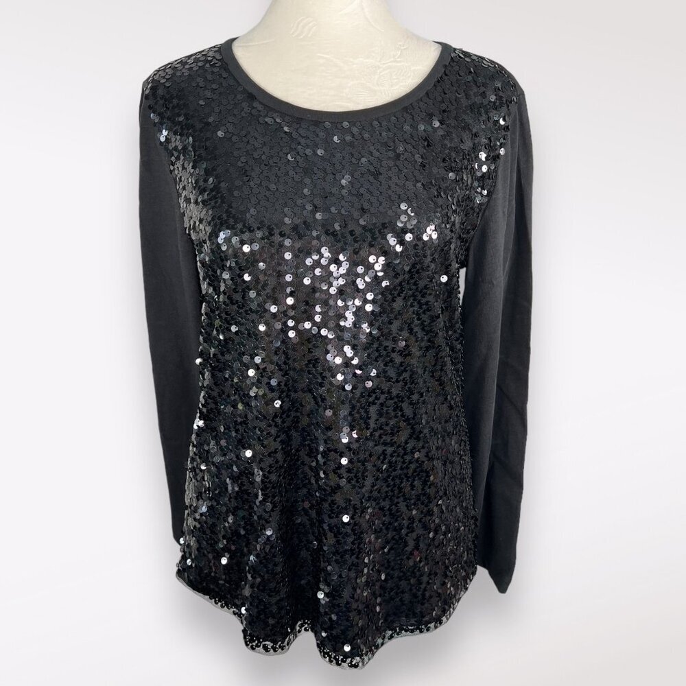 J. Crew Sequin Front 3/4 Sleeve Top Black Size S